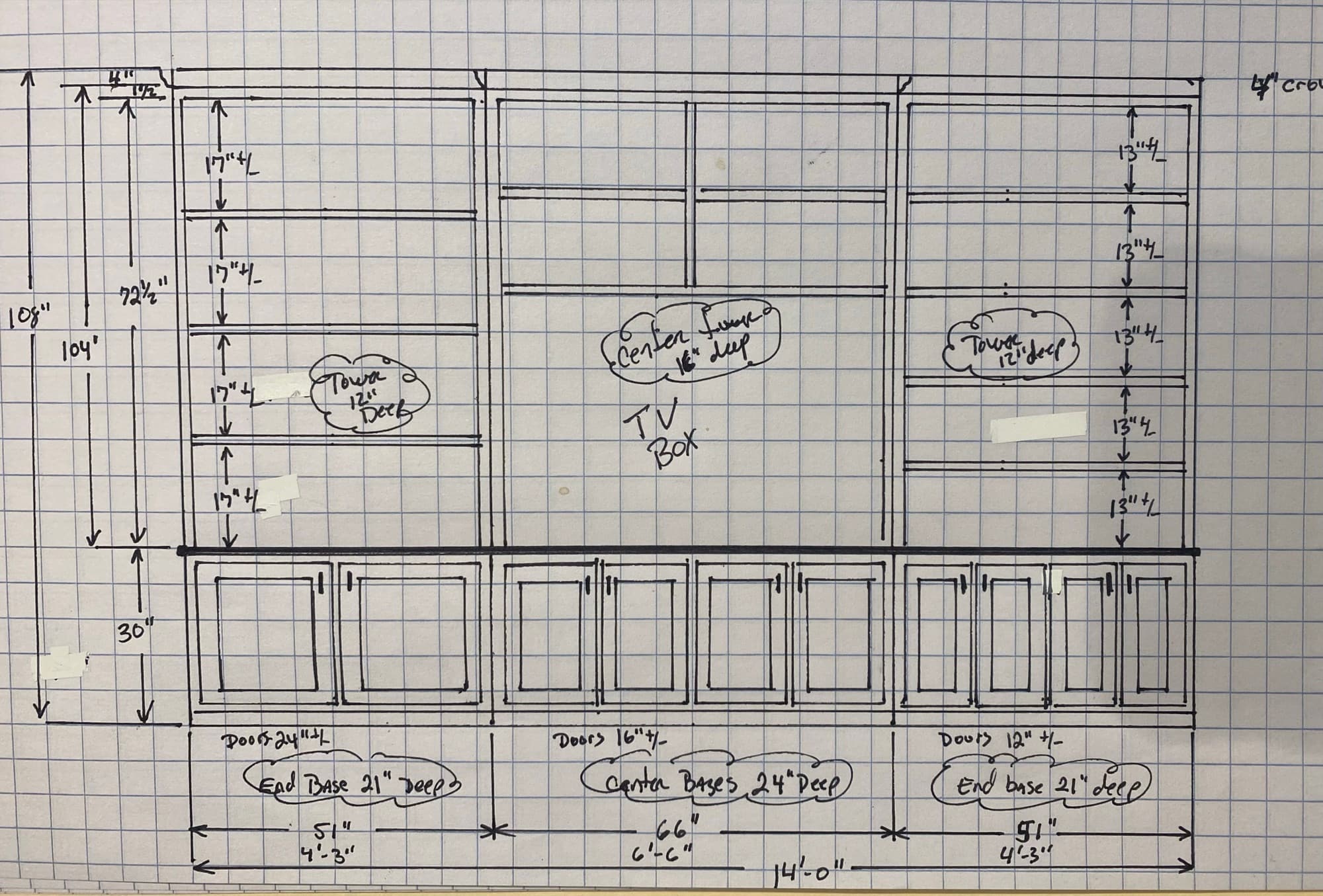 Hand-drawn cabinet elevation with dimensions, the sketch Jim uses before a build